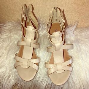 beige sandals faux wood wedge heels